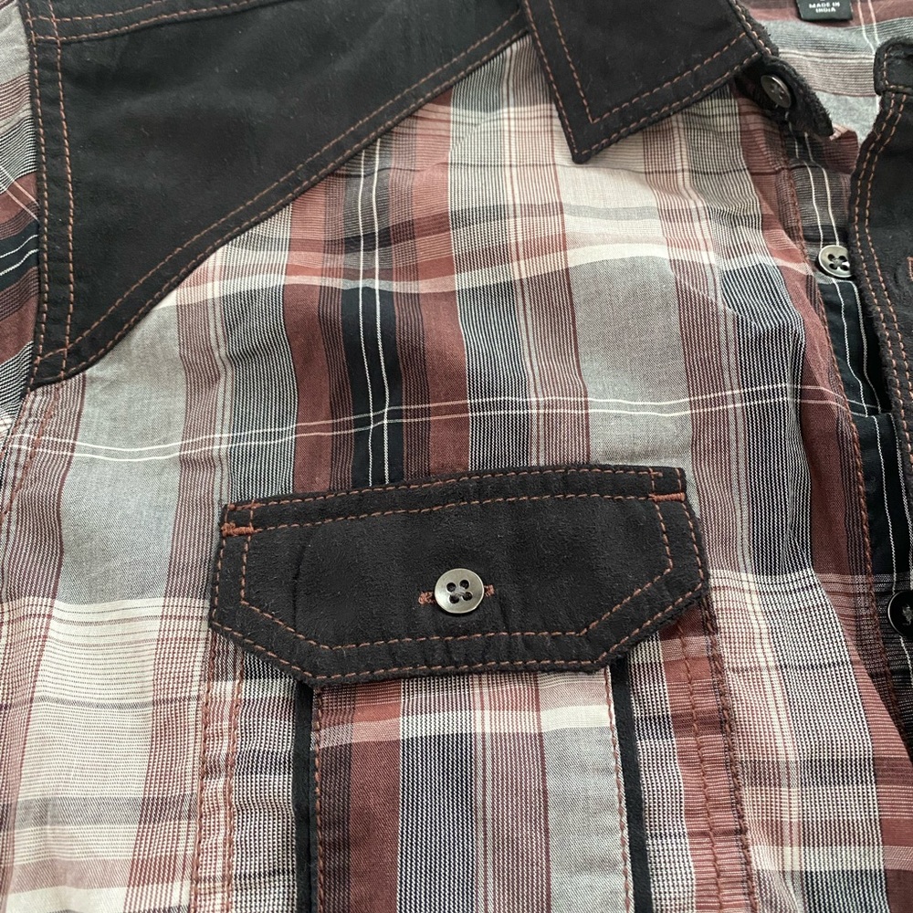 INC International Concepts faux suede trim long sleeve plaid button down shirt
